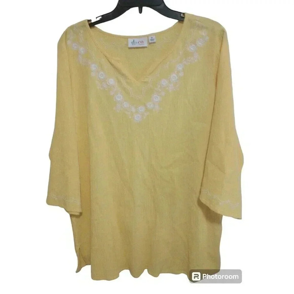 Denim & Co Top Gauzy Tunic Boho Yellow Embroidered Floral Cotton Light Size 1X - Picture 1 of 4